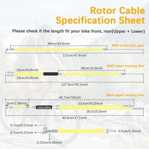 BMX Bike Gyro Brake Cables Front+Rear (Upper+Lower) with Spinner Rotor Complete Kit - Stable,Flexible Brake Lines Set Cable&Housing Replacement for Most Gyro Systems & 20" Bikes, Professional, Yellow