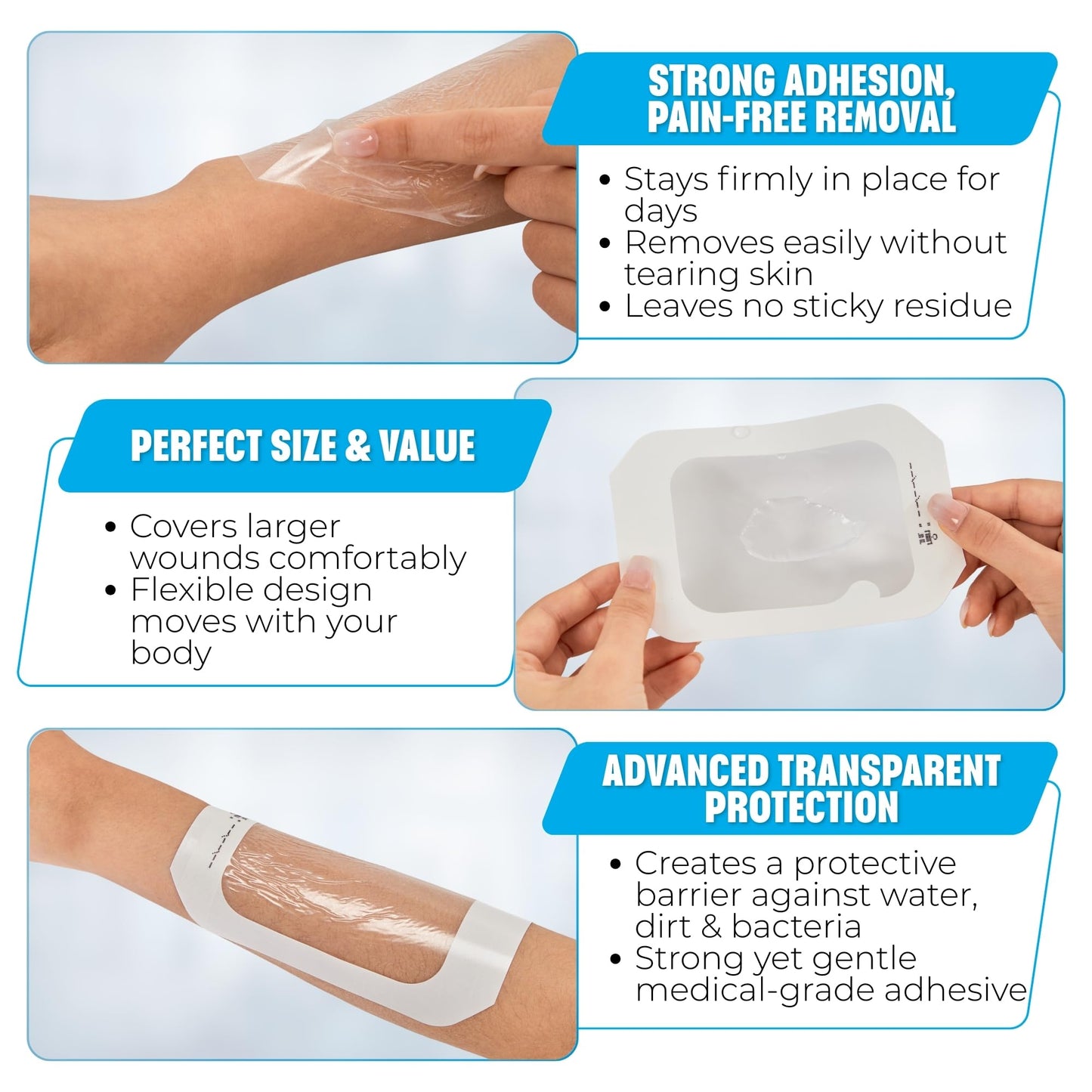 VITALIERA Transparent Film Dressing, Sterile First-Aid for Wounds Dressing, Adhesive Bandages for Swimming, Showering, Waterproof Bandages Post Surgical, Tattoo Cover-up, Clear Medical Tape(50 counts)
