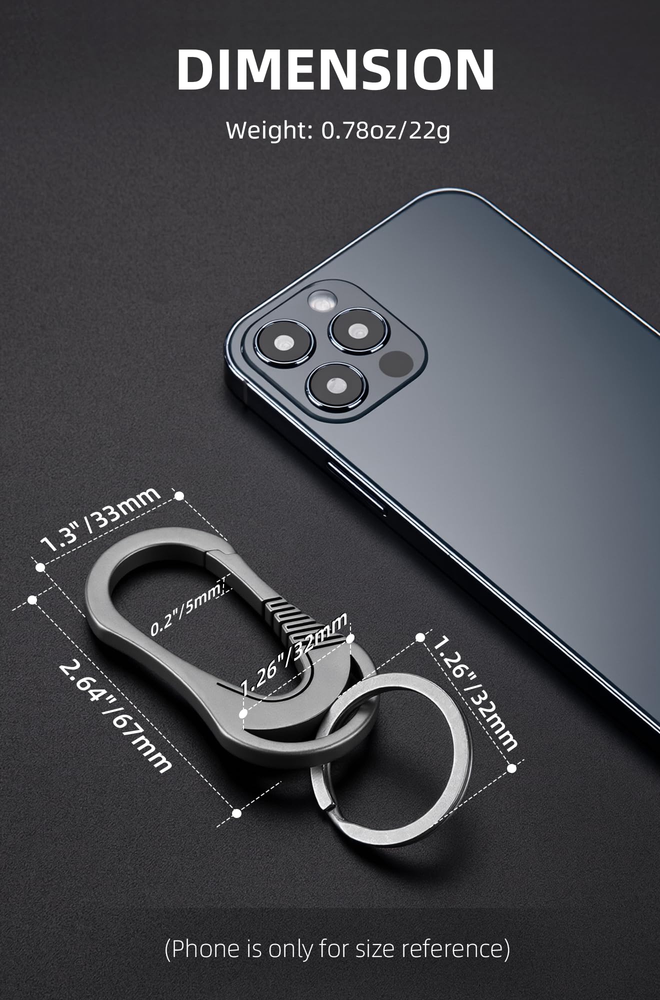 KEEPO LINK Titanium Keychain Carabiner Clip for Keys, EDC Carabiner Keychain Key Ring for Men & Women, OLM01 (Gunmetal Grey)