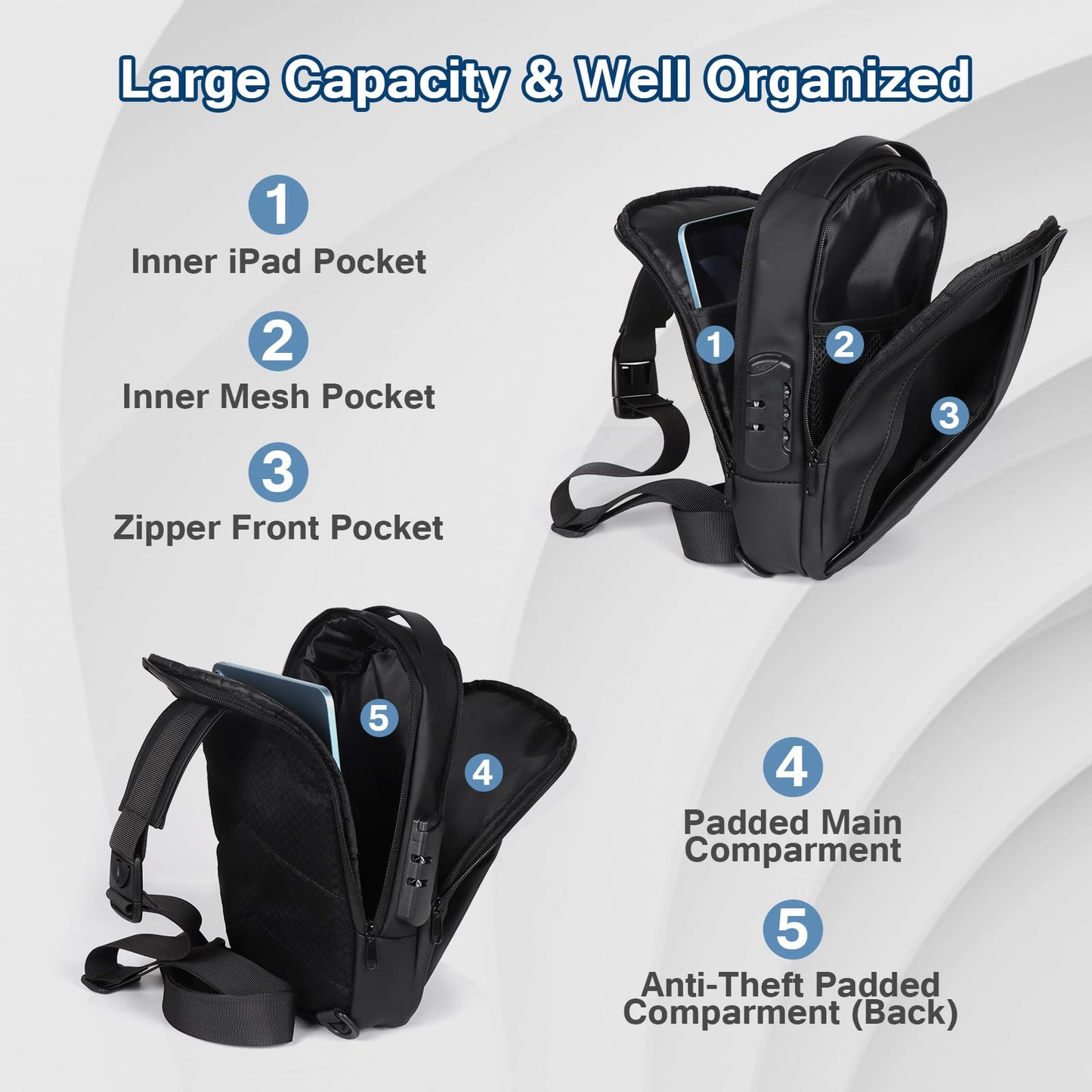 Geestock Anti-Theft Crossbody Sling Bag for Men with USB Port, Small Men's Crossbody Sling Bag PU Leather Chest Bag Shoulder Pack for Travel, Hiking, Work & Daily Use, Black