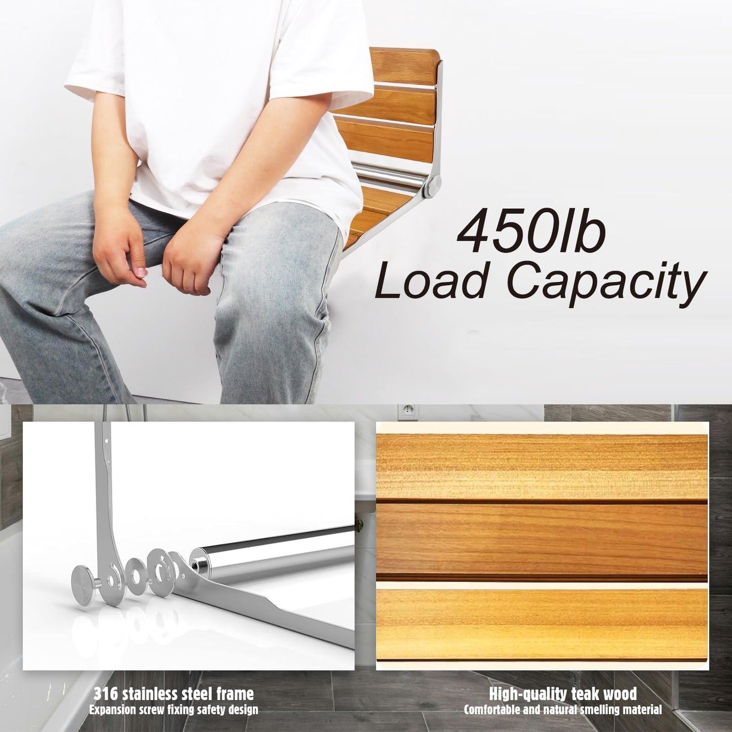 Folding Shower Seat Wall Mounted Shower Bench,Fold Down Shower Seat Wall Mounted Shower Seat,Foldable Shower Bench 316 Stainless Steel Frame 450 lbs,1 Pack