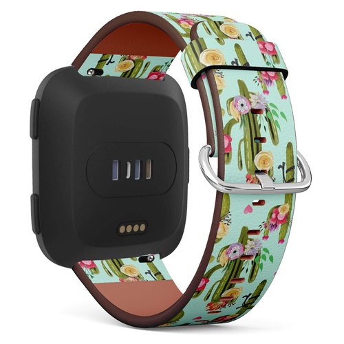 Compatible with Fitbit Versa, Fitbit Versa 2, Fitbit Versa Lite, Leather Wristband Bracelet with Quick-Release Spring Pins - Beautiful Cacti Cactuses Succulents