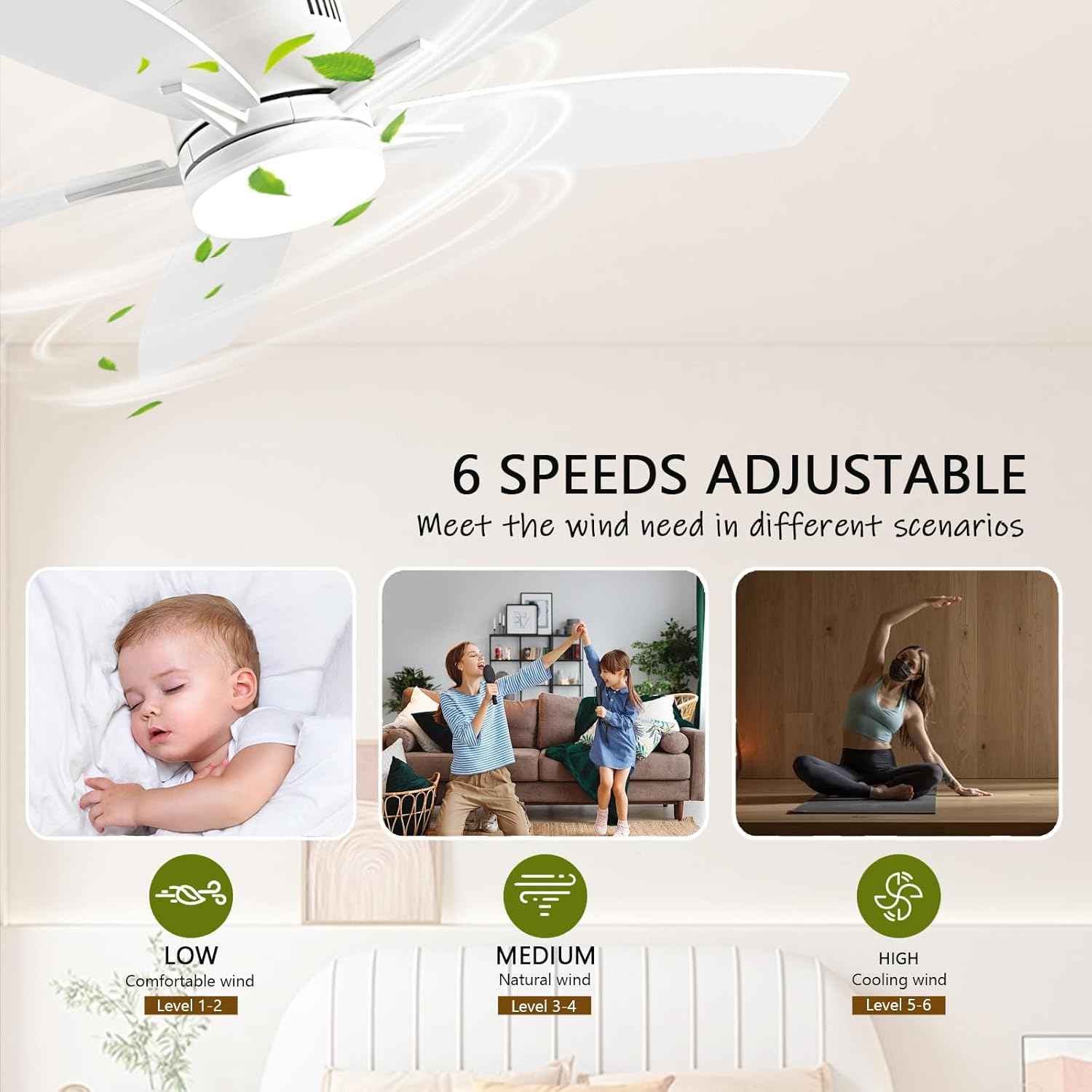 52" Low Profile Ceiling Fan with Lights & Remote Control - Dimmable, Noiseless, Reversible - White Indoor/Outdoor Fan for Bedroom