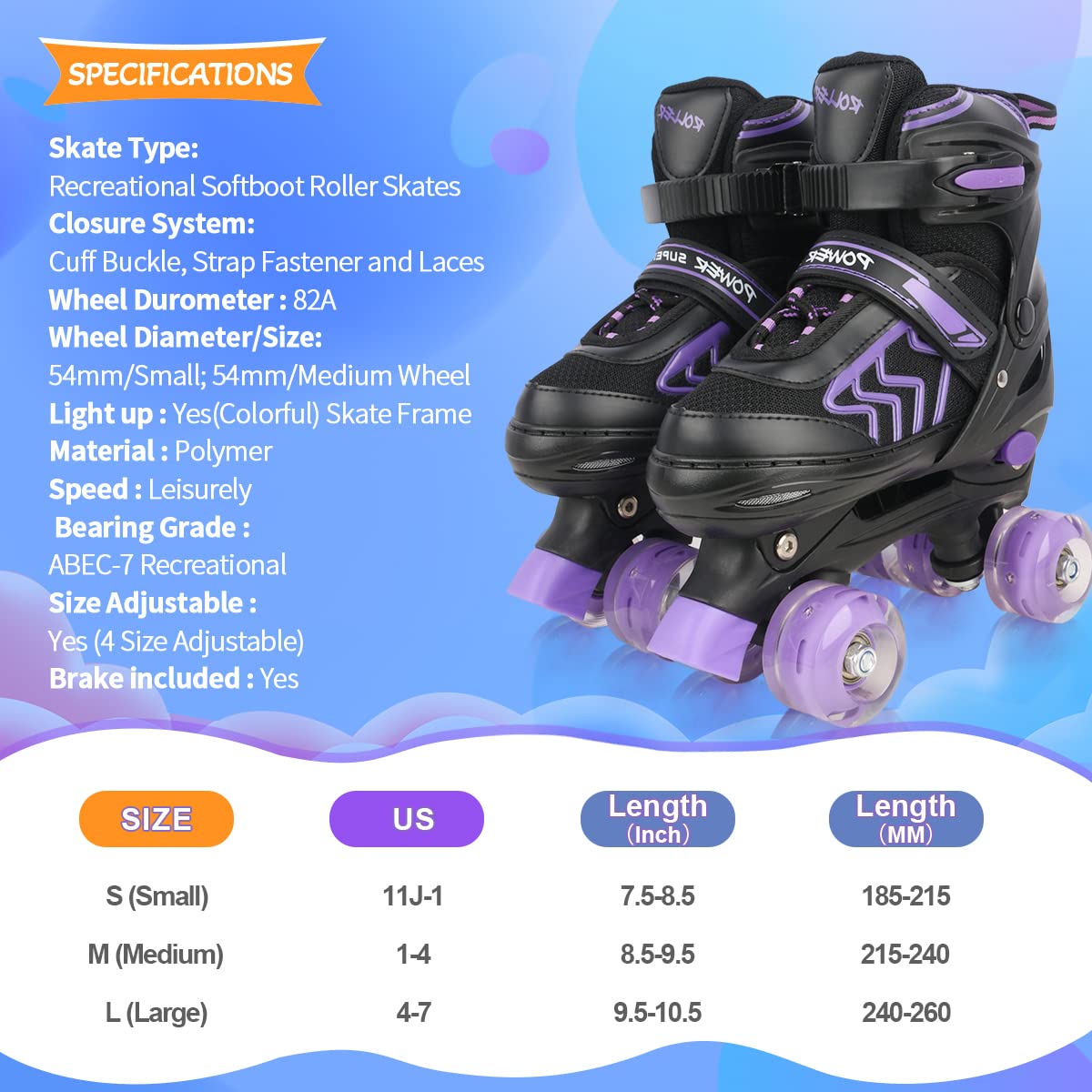 Kids Roller Skates for Girls Ages 6-12, Black&Purple 4 Sizes Adjustable Boys Roller Skates with Light up Wheels Size M