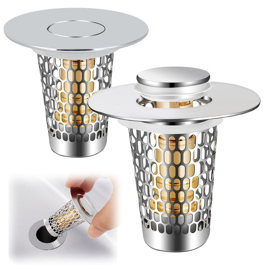 Smelish 2Pack Bathroom Sink Stopper for 1-1.50in, Universal Drain Filter for US Stainless Steel Floor Drain Filter, Universal Bathroom Sink Drain Pop Up Stopper with Hair Strainer (Silver)
