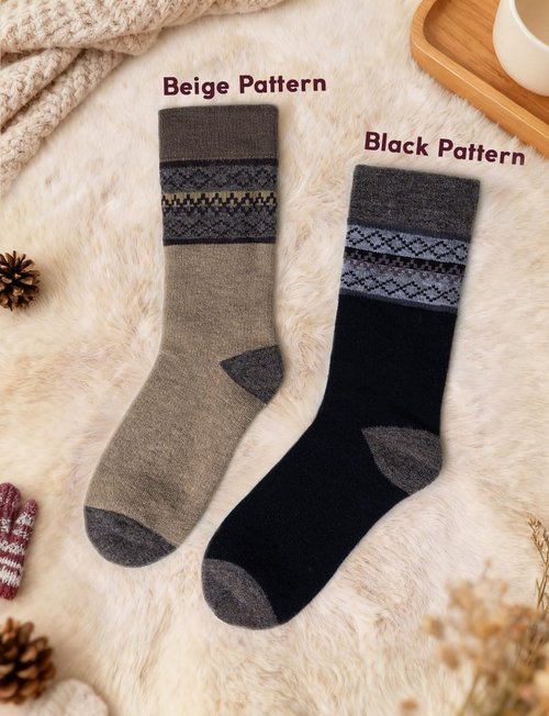 Juclise Alpaca Wool Unisex Winter Heavyweight Crew Socks Hiking Boot Warm Thick Thermal Cushioned Moisture Wicking (US, Alpha, Large, Regular, Regular, Beige Pattern+black Pattern)