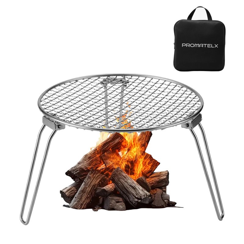RROMATELX Small Folding Camping Grill，304 Stainless Stee Portable Camping Stove，Campfire Grate，Heavy Duty Rack Camping with Carrying Bag for Outdoor Cooking Backpacking Hiking Picnic BBQ