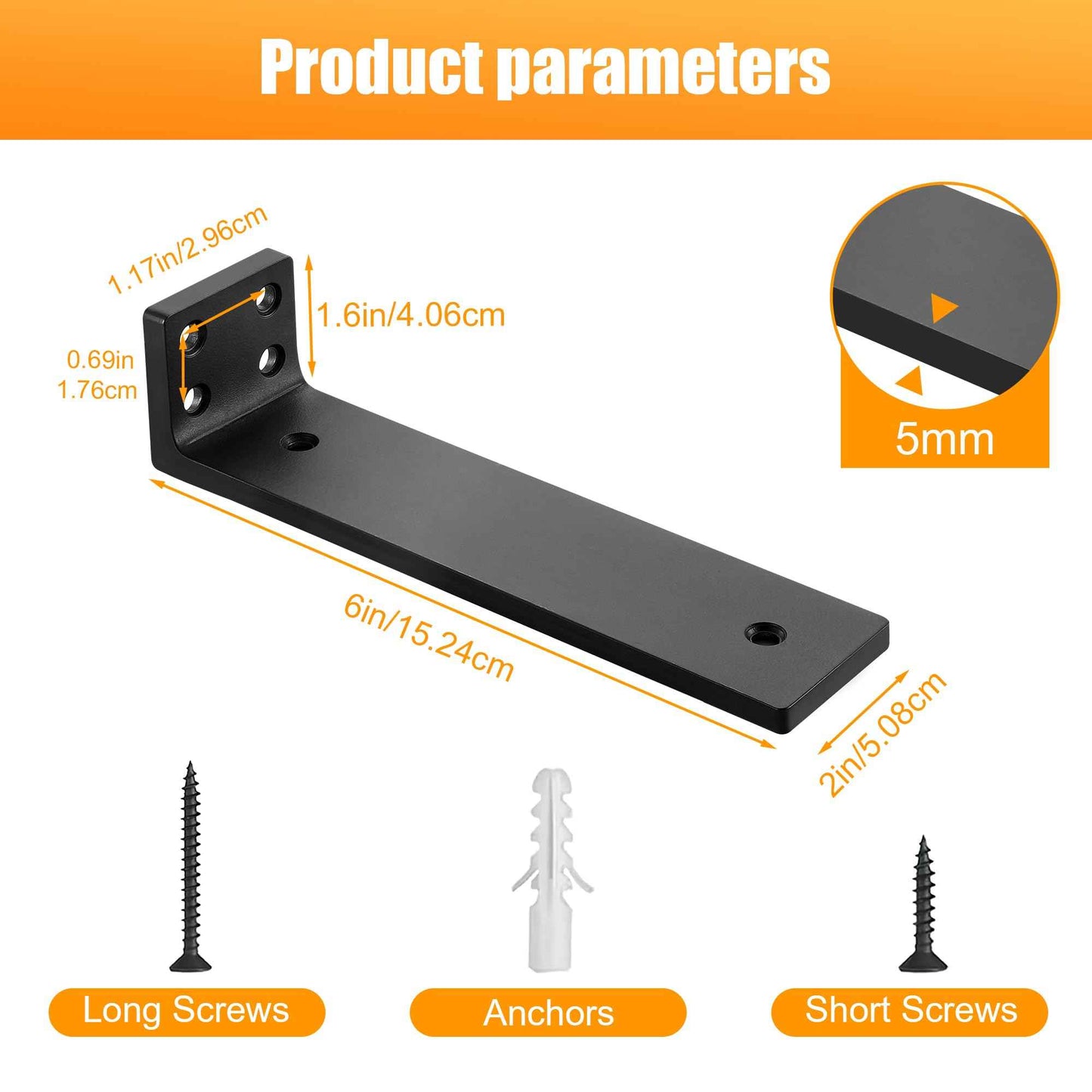 Floating Shelf Brackets 6 inch, Heavy Duty Wall Shelf Brackets 6 Pack for Shelves Support, Hidden Metal L Brackets with Mounting Hardware (1/5'' Thick)