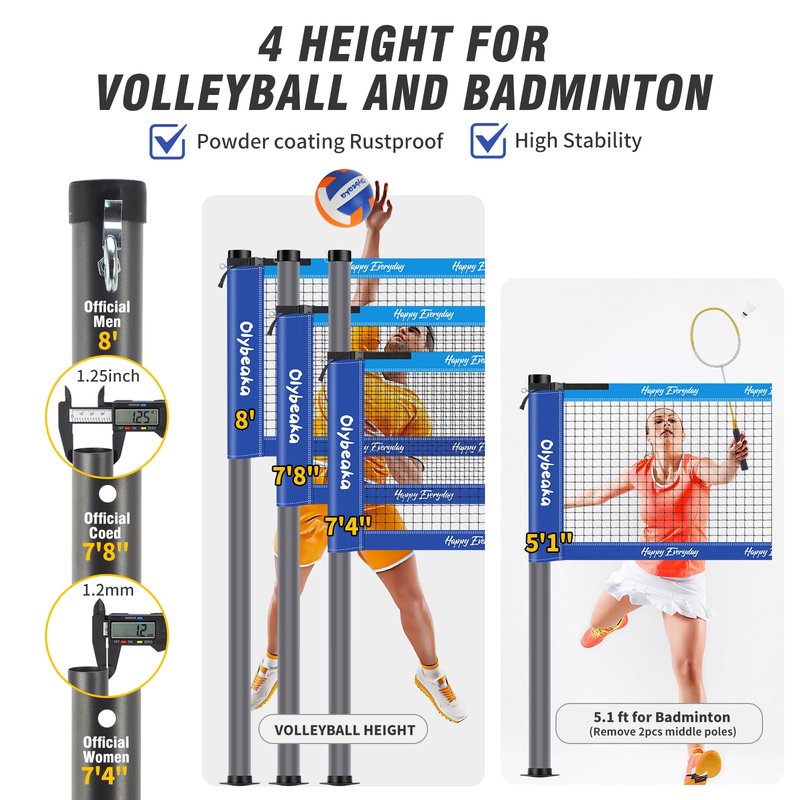 Olybeaka Outdoor Volleyball Badminton Combo Set with Net, Anti-Sagging Design, 4 Badminton Rackets, 3 Birdies and PU Volleyball for Backyard Lawn Beach (Deep & Light Blue Colorblock)