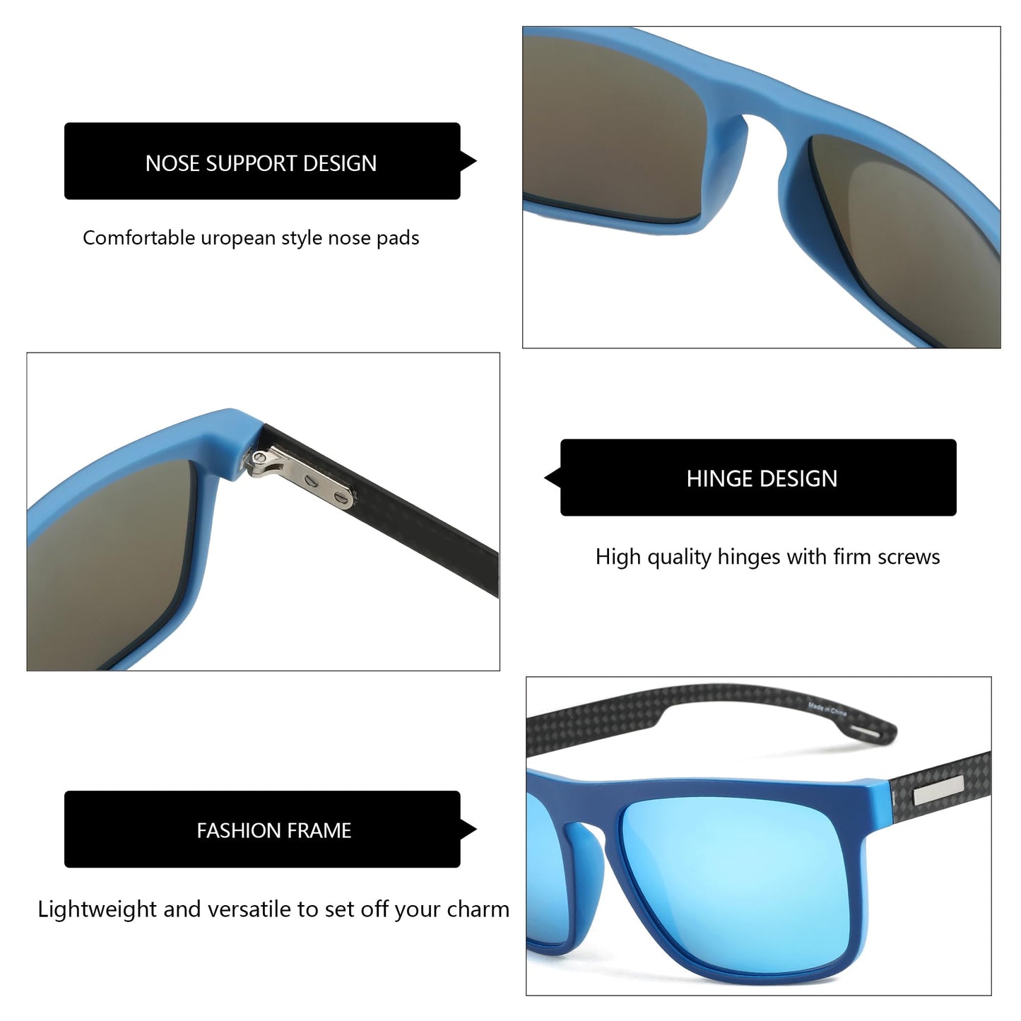 ZENOTTIC Polarized Sunglasses Men Square: Unbreakable TR90 Frame Carbon Fiber Temple UV400 Protection Trendy Sun Glasses Shades for Driving Golf Blue