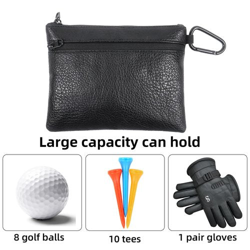 Klmnop Golf Ball Bag, Leather Golf Tee Bag Pouch with Zipper, Black Golf Valuables Pouch for Golf Balls, Tees, Gloves(Black)