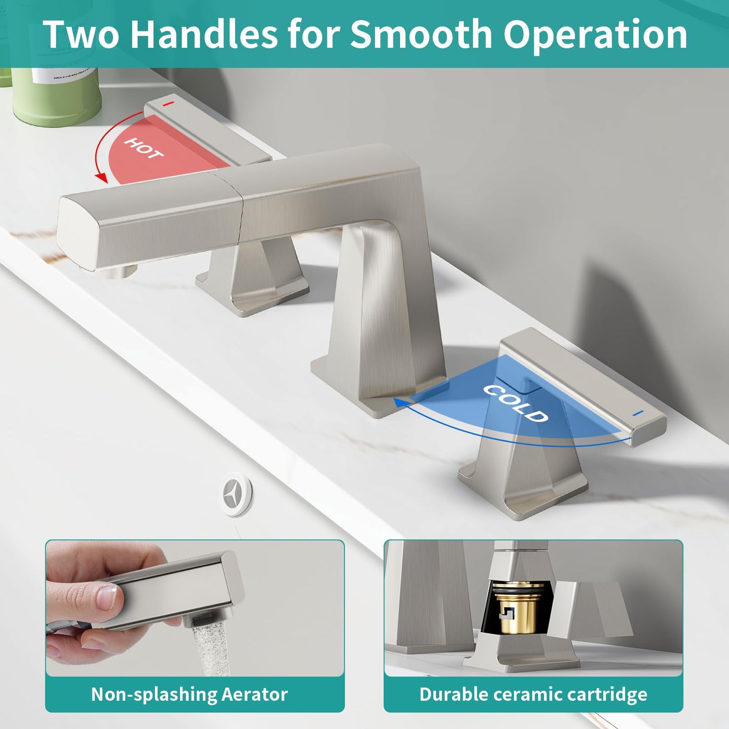 MIAOHUI Brushed Nickel Pull Out Bathroom Faucets 3 Hole, 8 Inch Widespread Bathroom Sink Faucet, Double Handle Vanity Faucet for Bathroom Sink, with Pop-up Drain and Supply Lines