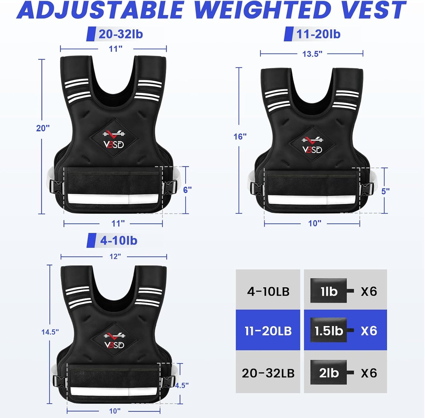 VBSD Adjustable Weighted Vest - 4-32lb Options with Reflective Strip for Running & Strength Training