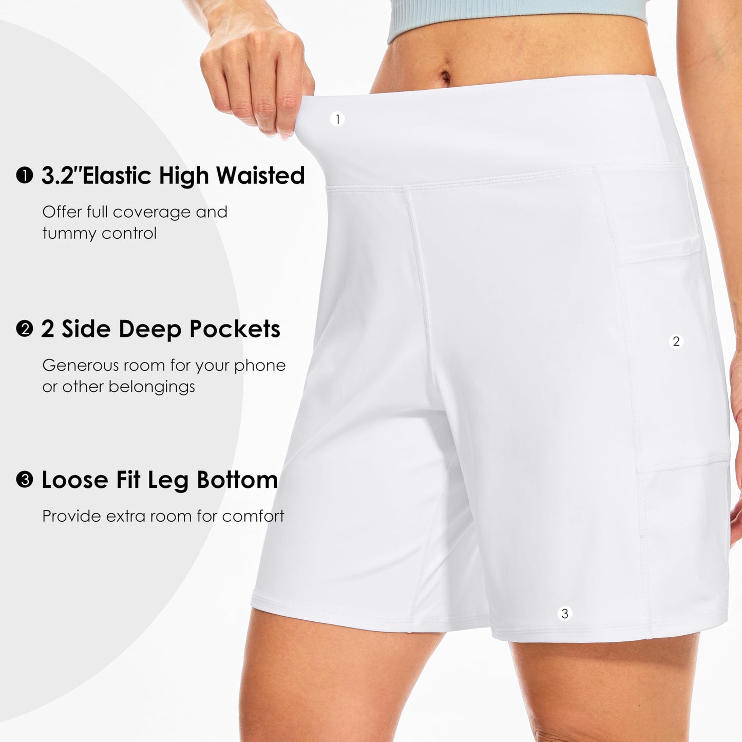 Blouty Women's 7" Bermuda Shorts with Pockets High Waisted Stretch Athletic Long Shorts for Women Workout Casual (White, Large)