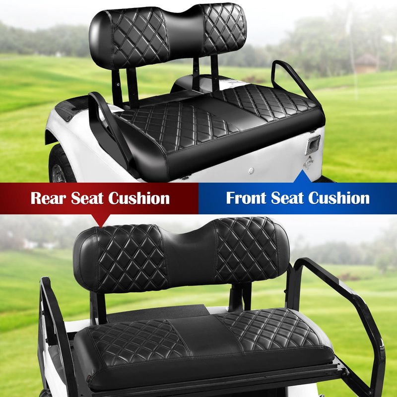 NOKINS 4PCS Golf Cart Diamond Seat Covers Kit,Front and Rear Seat Covers for Club Car Precedent/EZGO TXT/Yamaha Original Regular Seat Cushion (Black&Black Stitching, Fit EZGO TXT 1994-2013)