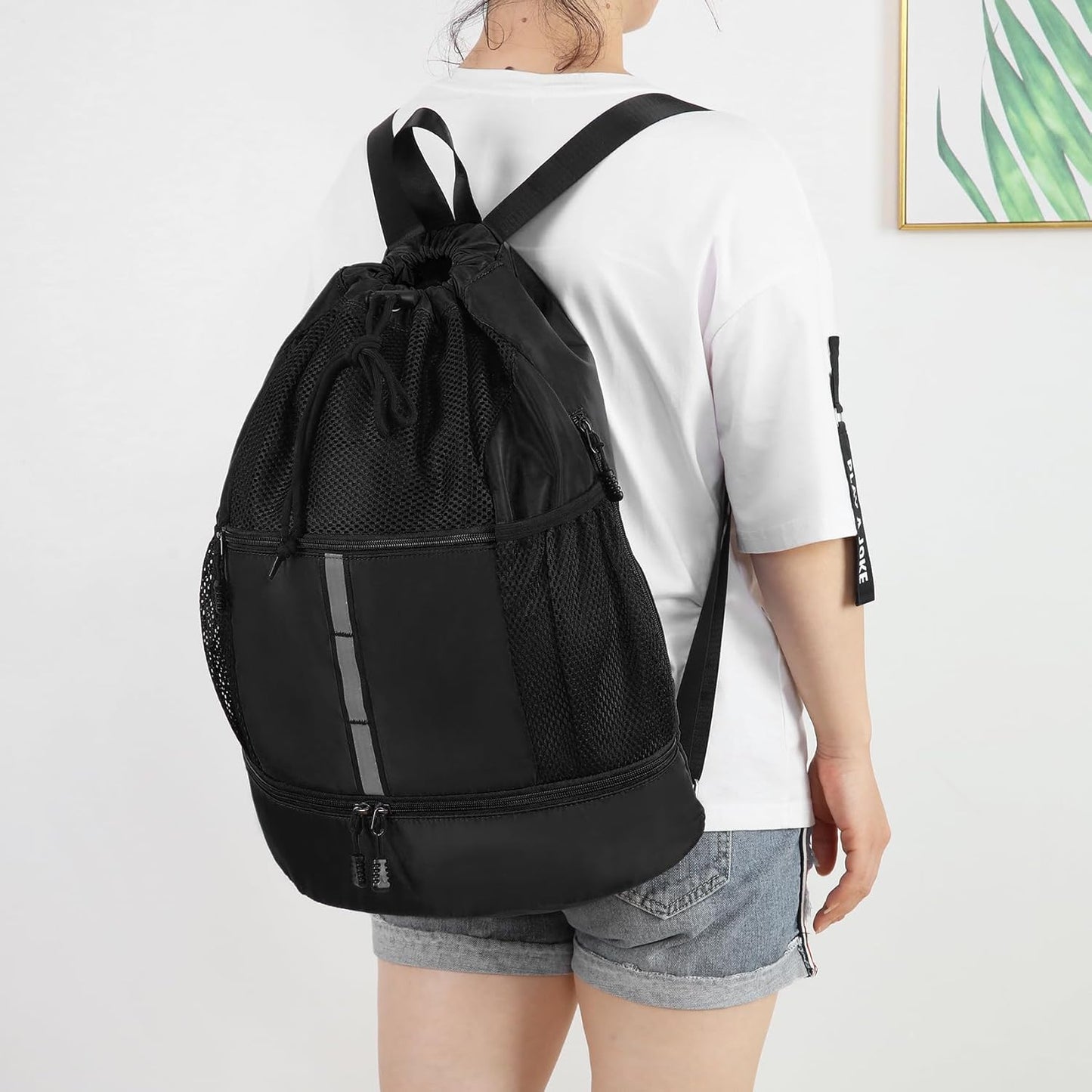 Valleycomfy Drawstring Gym Bag - Sports Backpack with Shoe Compartment & Reflective Strips | Black