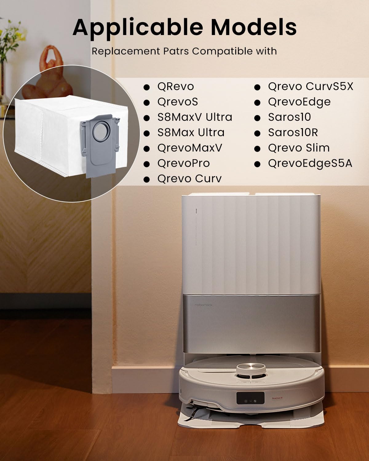 6Pack Vacuum Dust Bags for Roborock QV 35A,Qrevo S5V,Saros 10/10R/Qrevo/Q RevoS/Qrevo Pro/Plus/MaxV/Master/Curv S5X/Edge S5A/Qrevo Slim Robot Vacuum Dirt Disposal Bags,2.7L Large Qrevo Dust Bag