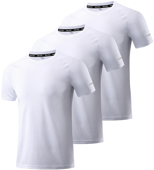 Boyzn Men's 3 Pack Workout Running Shirts, Dry Fit Moisture Wicking T-Shirts, Sports Gym Athletic Short Sleeve T Shirts for Men White-3P13-L