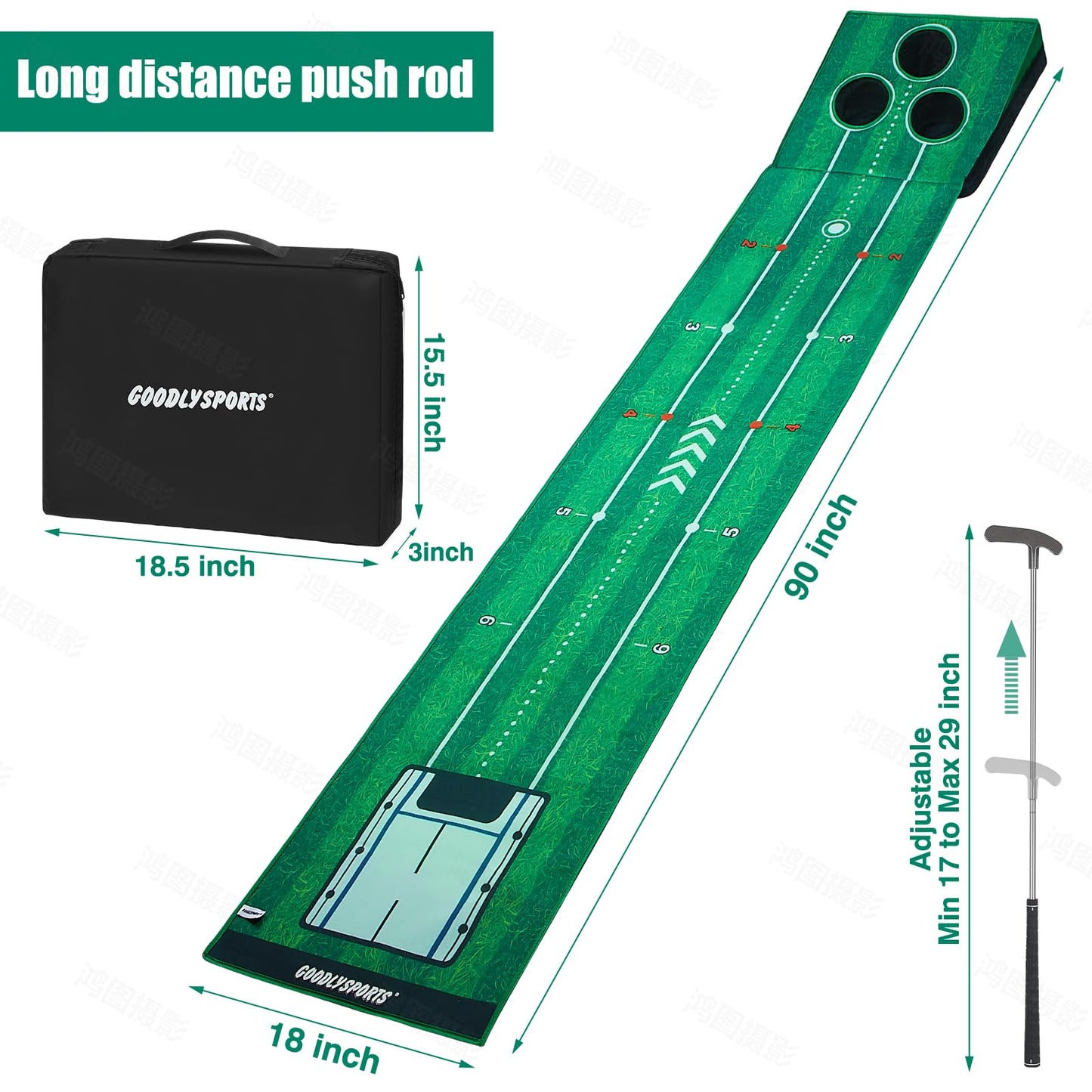 New Portable Golf Putting Mat, Mini Golf - Putting Green Indoor + Putting Green Outdoor - Putting Mat with 3 Balls + Retractable Push Rod (Youth) - Putting Matt for Indoors, Golf Gifts for Men Kids