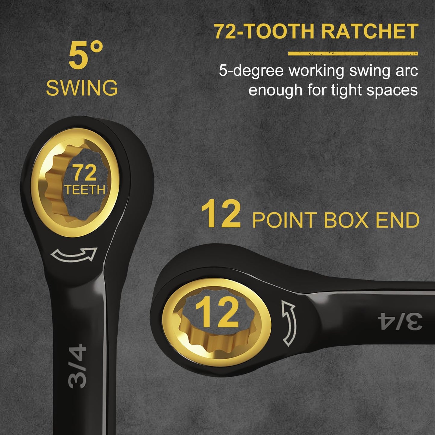 Egofine 3/4 Ratchet Wrench, 3/4 Wrench Ratcheting Combination Wrenches SAE, Industrial Grade Gear Spanner with 12 Point Box End, 72-Teeth Ratchet Black Electrophoretic Coating,CR-V