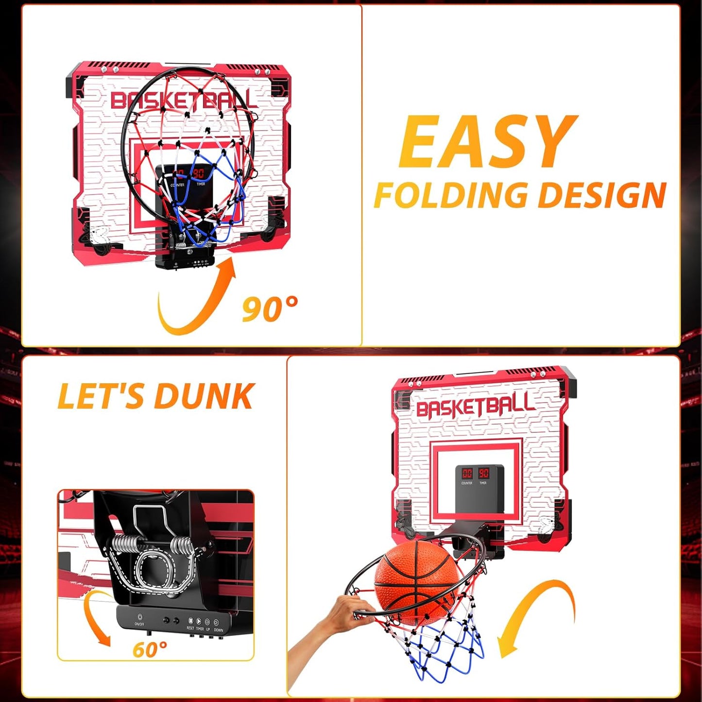 Skiennix Indoor Mini Basketball Hoop - Over The Door Design with LED Lights & Sound Effects | Includes 3 Balls, Perfect Sports Gift for Kids Ages 6-12