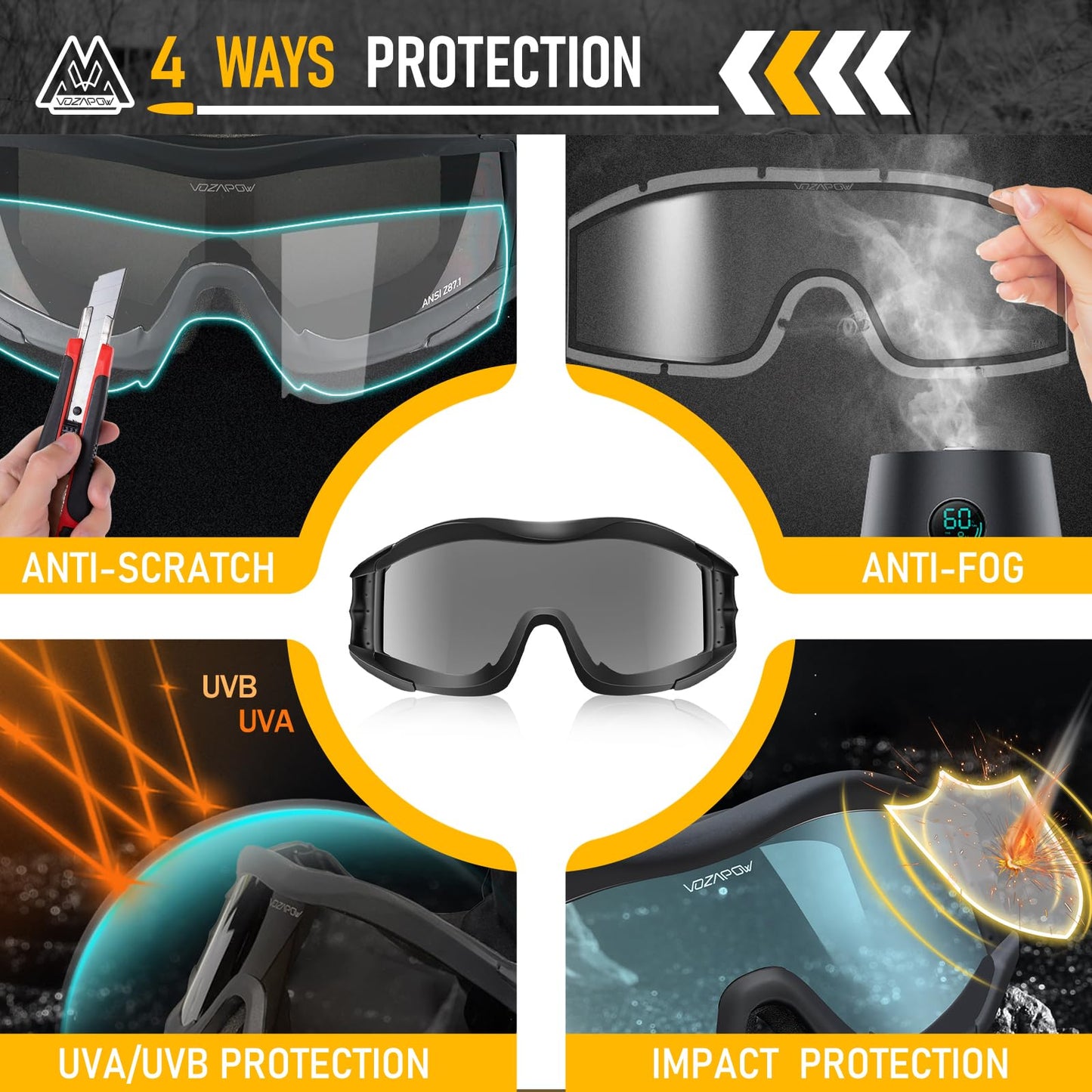 VOZAPOW Airsoft Goggles Anti Fog with ANSI Z87.1 Certified, Safety Goggles Impact Resistant, Tactical Shooting Glasses