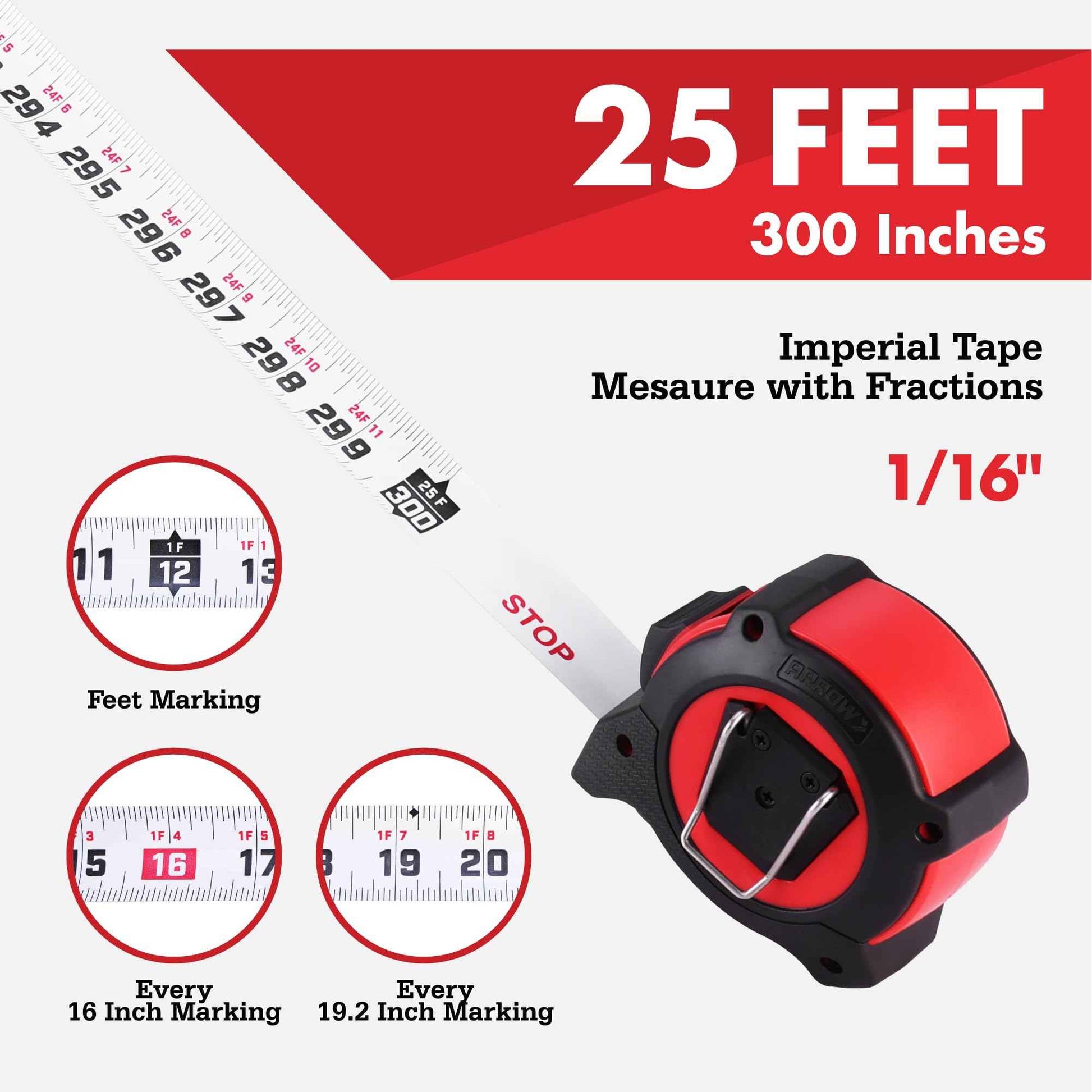 Arrow 25FT Tape Measure, Easy Read Measuring Tape with Dual Locking System, Double Sided Measurement Tape with 1.25″ Blade, Belt Clip, Dual-End Metal Hook, and Rubber Protective Casing