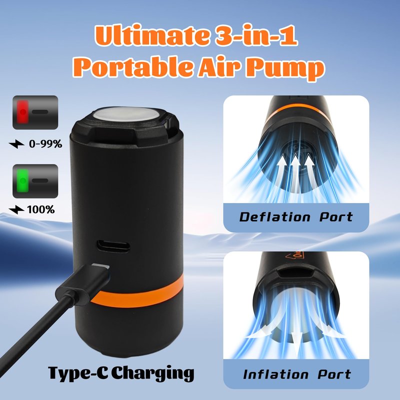 Mini Air Pump - Portable Electric Air Pump with 3-Mode LED Light & Magnetic Base, Includes 5 Nozzles, Ideal for Camping, Air Bed, and Travel Gear