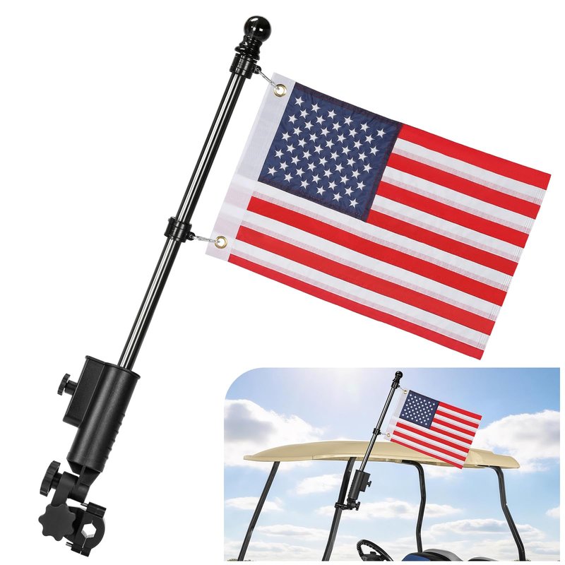 CHENGWEI Golf Cart Flag Holder & Flag Pole Mount Kit, Heavy Duty Aluminum Alloy Windproof Bracket Fits EZGO Club Car Yamaha, Push Cart, Boat, Bike, Includes USA Flag for Independence Day Decor
