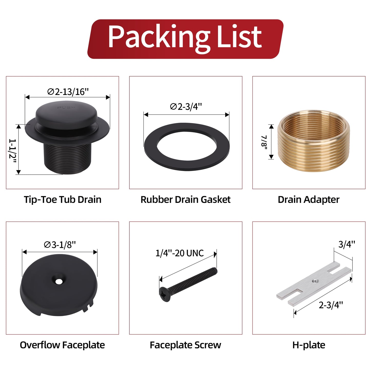 PRIMSOPH Tip-Toe Tub Drain Trim Kit with One Hole Overflow Faceplate Conversion Kit Assembly Universal Fine Coarse Thread Replacement Matte Black