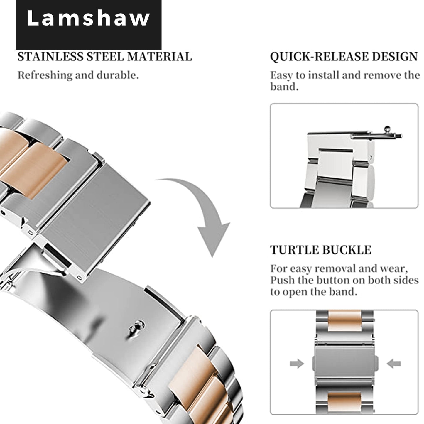 Compatible for Aeac Smart Watch Bands, 20mm, 22mm Quick Release Stainless Steel Metal Replacement Straps Compatible for Aeac 1.32 Inches Round, W208 Plus, IDW19, GTX05, GTX12 (Silver-Rose Gold, 22mm size band)