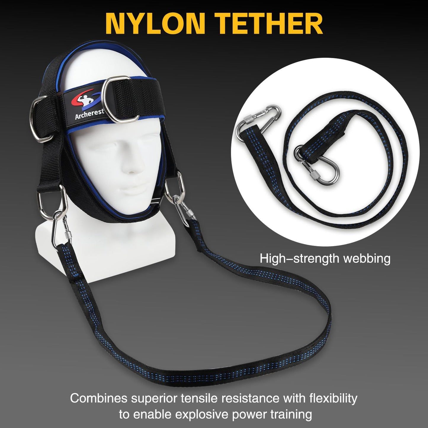 Fitness Neck Head Harness Trainer, Adjustable Chin Strap and Head Harness Strength with Nylon Tether, Neoprene Neck Exerciser for Weight Lifting, Home and Gym Use, Black