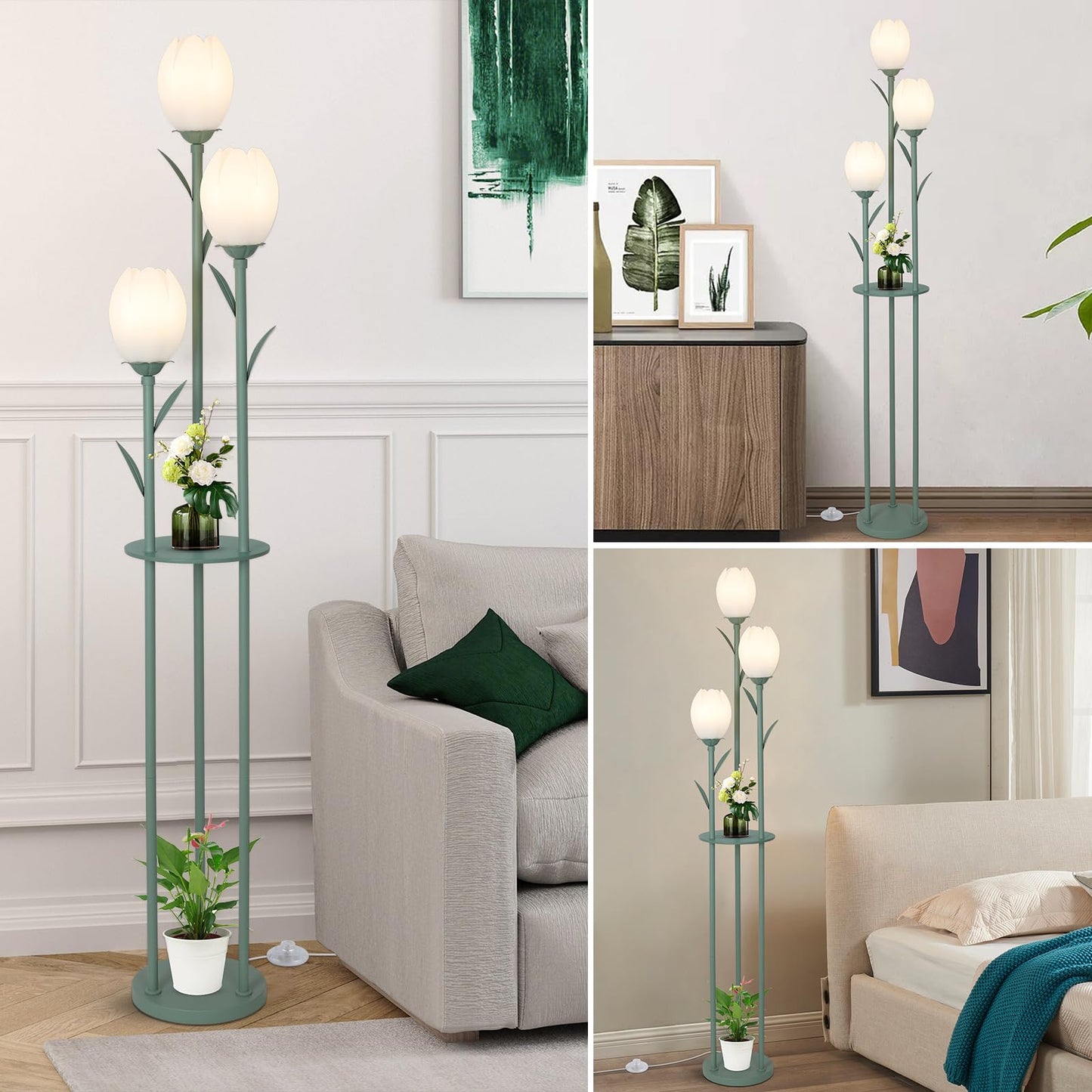 3-Light Flower Floor Lamps for Living Room, Green Floor Lamp with Shelves, Unique Tulip Standing Lamp with 3 LED Blubs, Cute Floral Tall Lamp, Modern Stand Up Light Decor for Bedroom, Kids Room