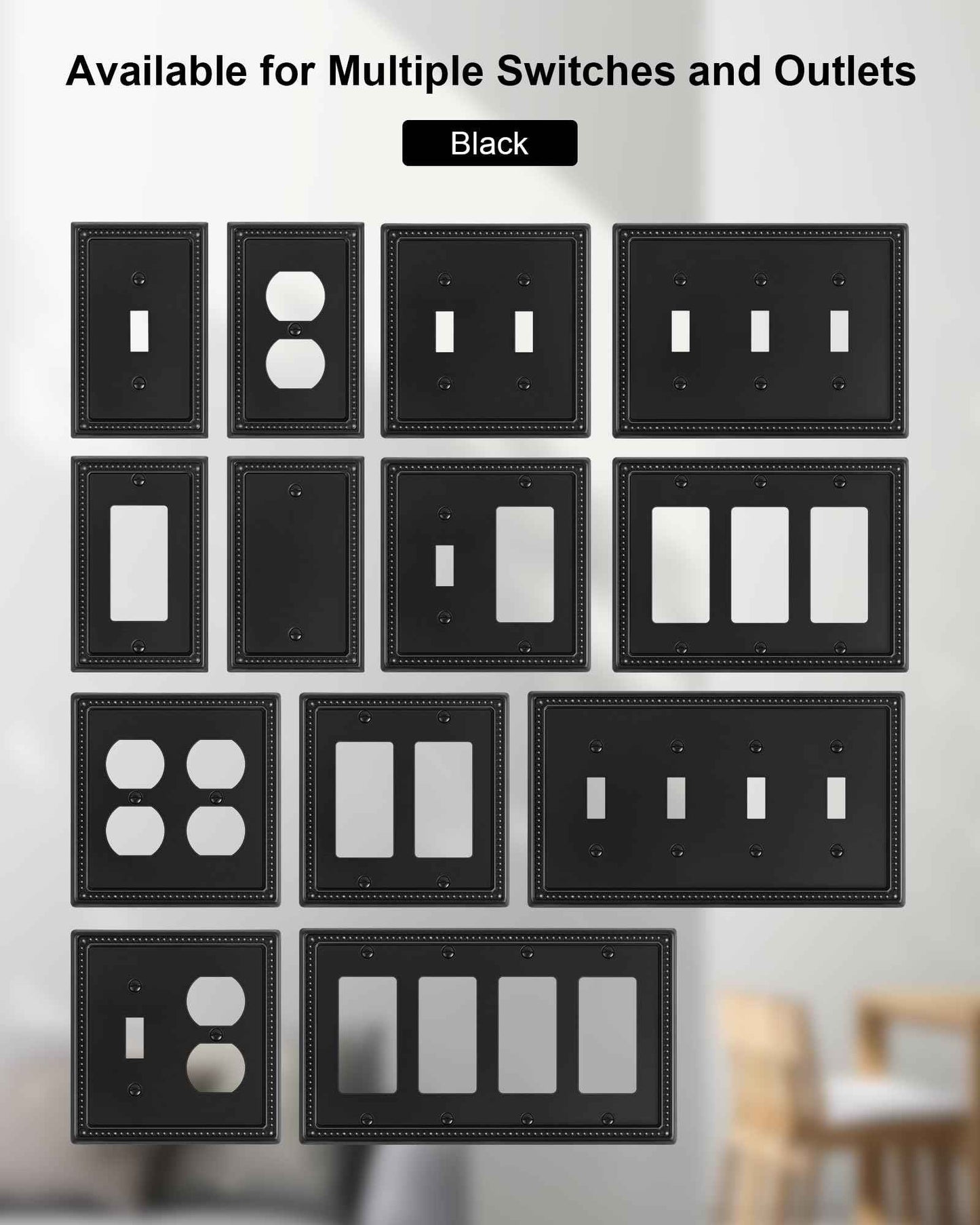 TREEWELL 6-Pack Duplex Outlet Cover, Black Metal Wall Plates for Electrical Outlets, 1 Gang Receptacle Light Switch Cover, Pearls Beaded Decorative Switch Plates and Outlet Covers