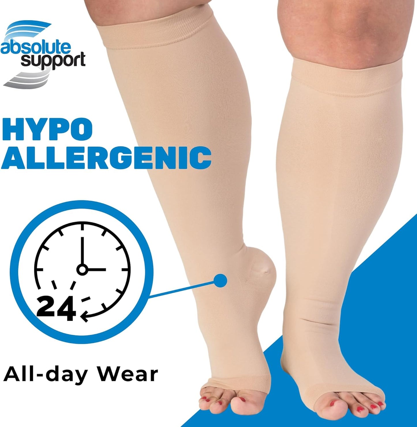 Skiennix Open Toe Compression Socks - Plus Size 15-20mmHg Toeless Wide Calf Support - 3 Pairs