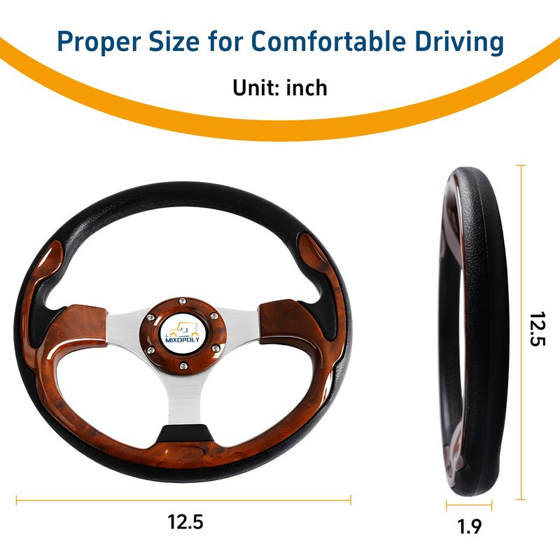 Mixopoly 12.5" Universal Golf Cart Steering Wheel fits Club Car DS/Precedent/Onward/Tempo, Yamaha, and EZGO TXT/RXV Golf Cart, Anti-Slip and Good Grip (Brown)