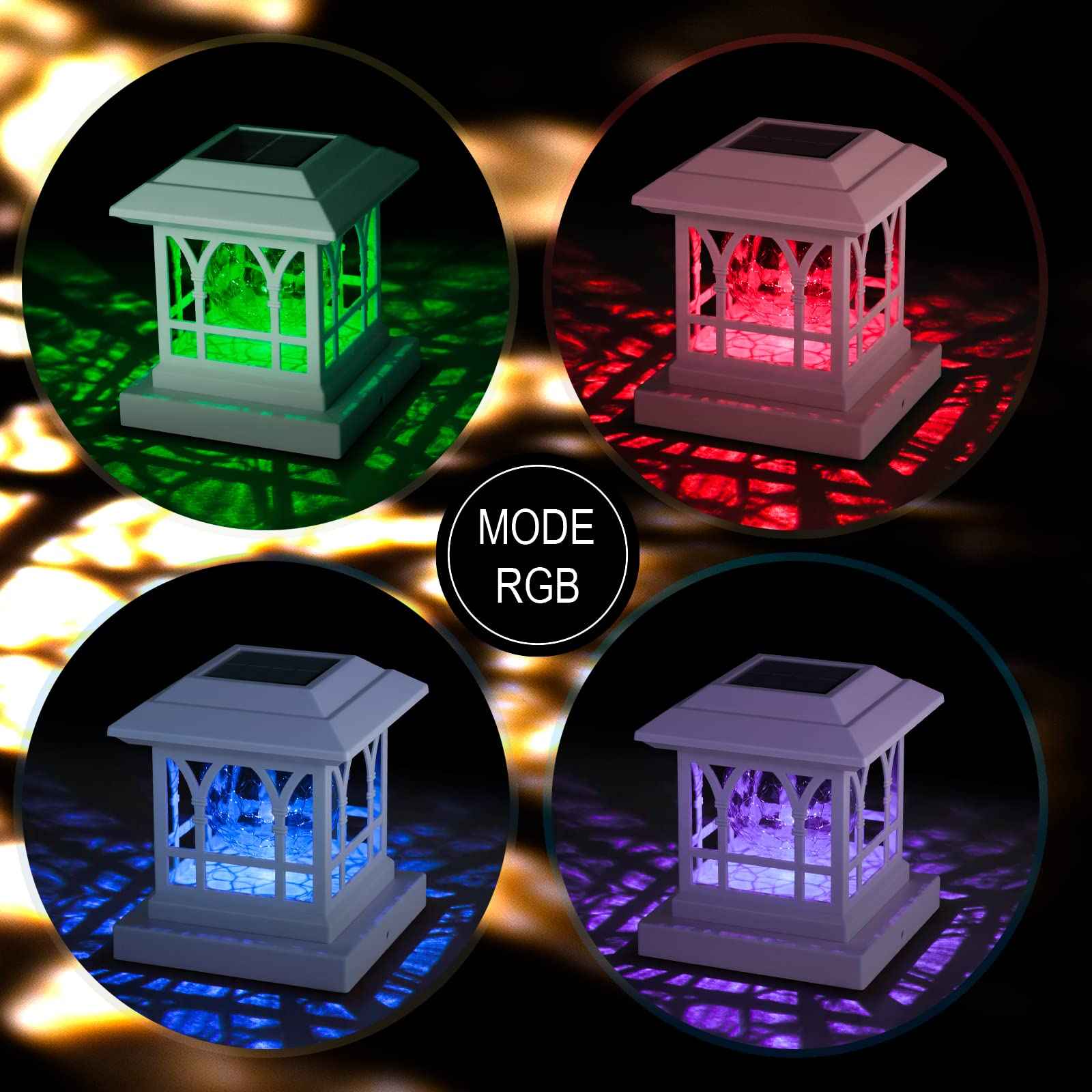 AEFRELEOHT Solar Post Cap Lights, Warm White & RGB Automatic Cycling, Cracked Glass Bulb, 20 Lumens lP65 Waterproof Fit 3.6x3.6 4x4 4.5x4.5 5x5 Wood Fence Post Solar Powered Lights White (1 Pack)