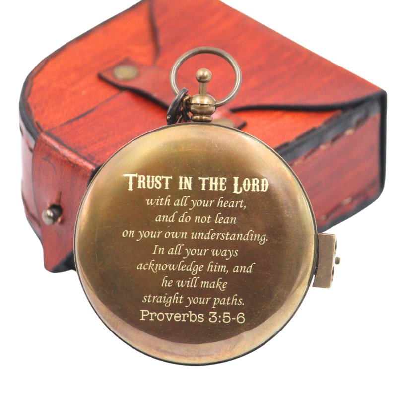 Trust in The Lord Sundial Compass Gift with Leather Case Bible Verse Proverbs 3 5-6, Baptism - Graduation - Religious - Keepsake - Communion Gifts