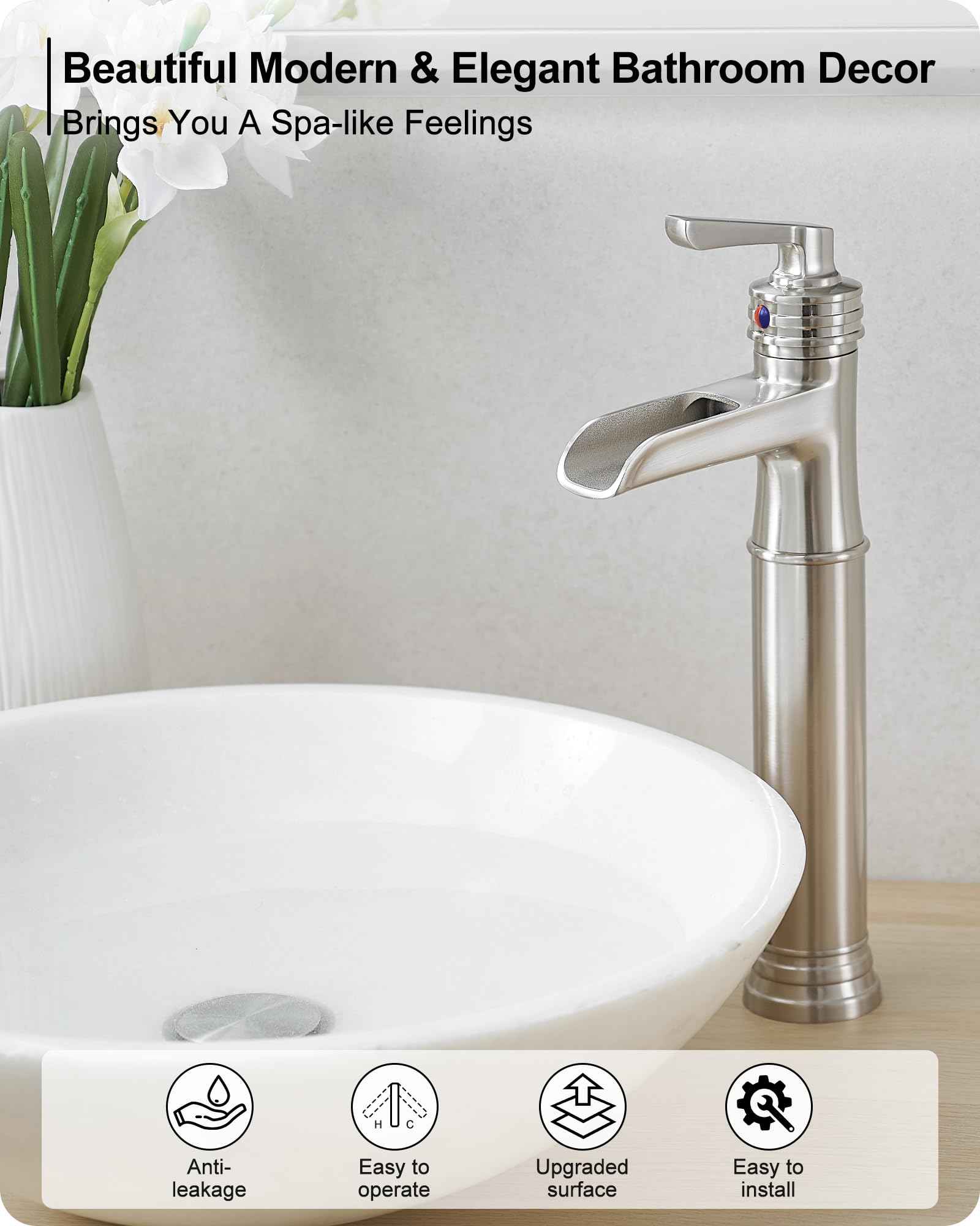 HEYMYTAP Brass Vessel Sink Faucet Brushed Nickel Waterfall Bathroom Faucet Tall 1 Hole, Single Handle with Pop-up Drain & Water Hoses for Bathroom Vanity Vessel Sink