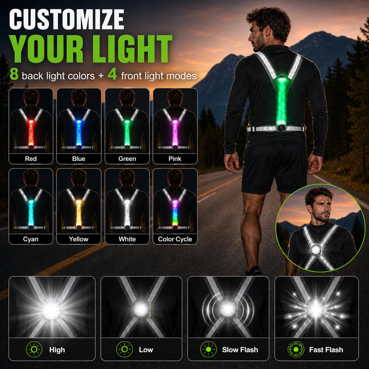 500LM Running Lights for Runners,7+8 Front & Back Light Modes & 360° Reflective Running Vest with Light Up Zip Waist Bag,IPX4 Waterproof High Visibility Rechargeable Gear for Night Walking/Cycling