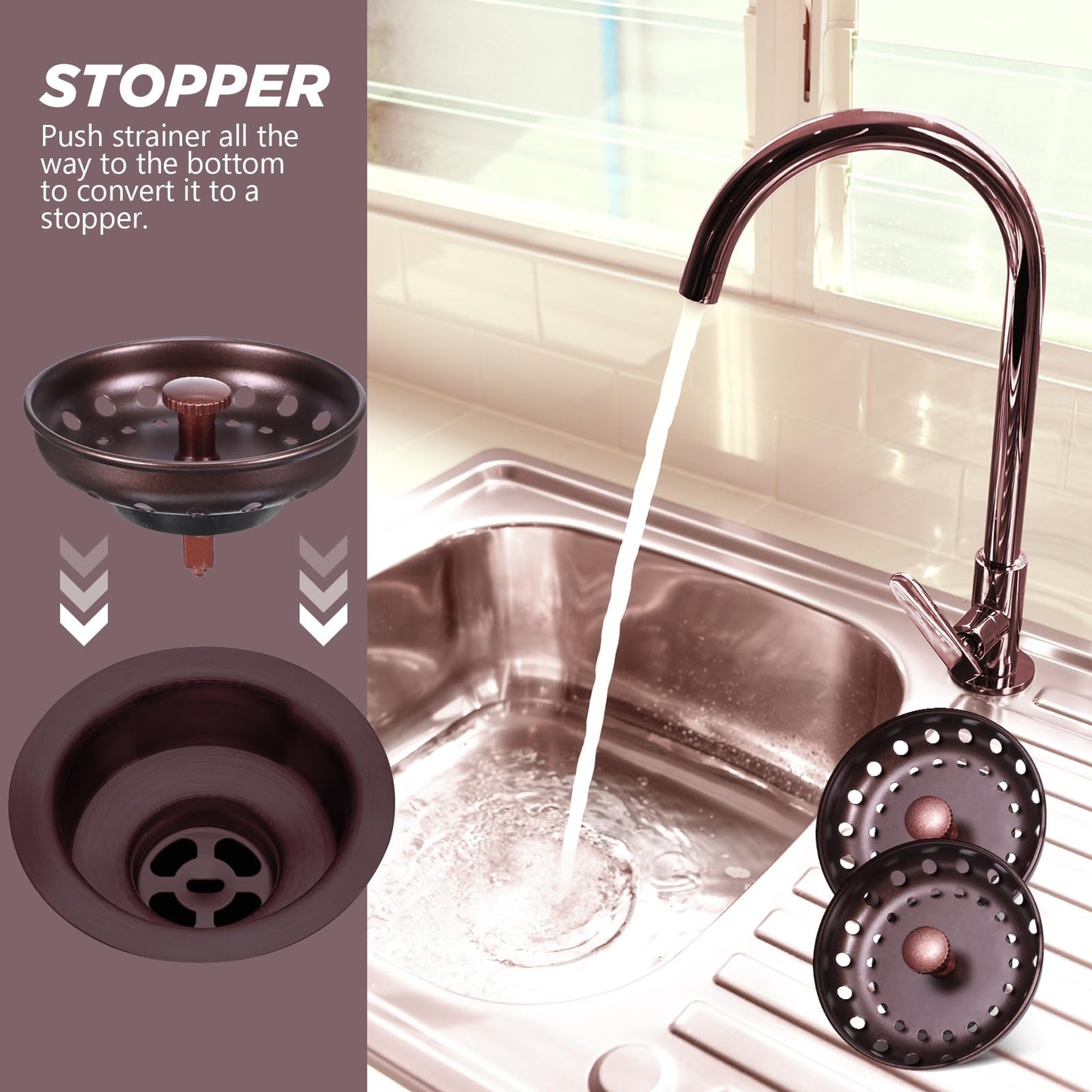 Retisee 2 Pcs Kitchen Sink Stopper Strainer Stainless Steel Drain Strainers for Universal 3-1/2 Inch Kitchen Sink Drain Replacement(Oil Rubbed Bronze)