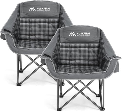 Huskfirm Oversized Padded Camping Chairs - Heavy-Duty Foldable Design with Cup Holder & Cooler Bag | Supports 450lbs, Grey