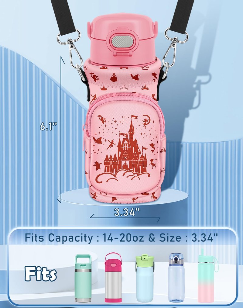 Miss Adola Water Bottle Carrier with Strap - Cute Cartoon Insulated Water Bottle Carrier Bag with Pocket Neoprene Bottle Holder Bag for 14/16/18/20 oz Stainless Glass Bottles Sleeve, PK Castle
