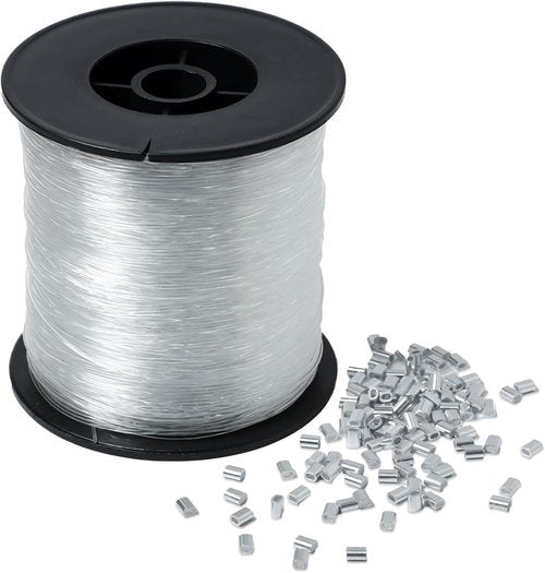 Clear Hanging Wire - 0.8mm Heavy Duty Fishing Line Up to 75Lbs | 820FT Invisible Nylon Thread with 120 Aluminum Crimping Sleeves