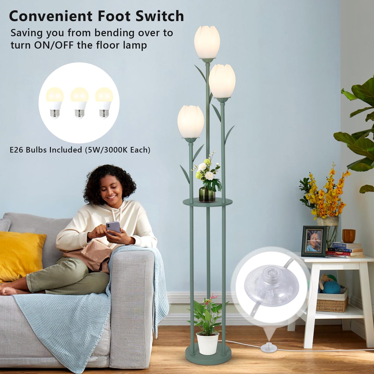3-Light Flower Floor Lamps for Living Room, Green Floor Lamp with Shelves, Unique Tulip Standing Lamp with 3 LED Blubs, Cute Floral Tall Lamp, Modern Stand Up Light Decor for Bedroom, Kids Room