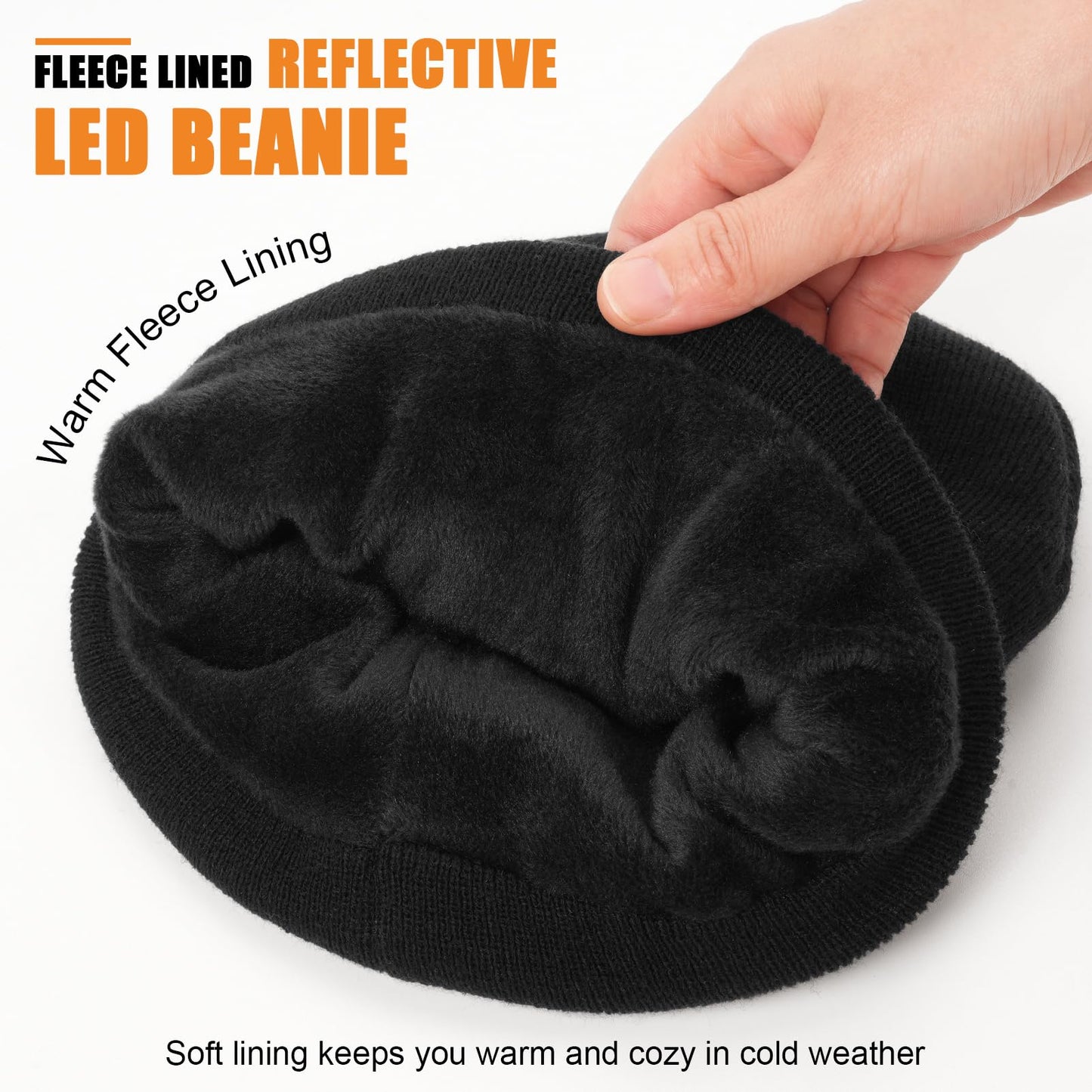 MELASA Fleece Lined Reflective Stripe Hat with Light, USB C Rechargeable Safety High Visible LED Beanie Suitable Outdoor Work Running Gifts for Men Dad Father Fluorescent Yellow