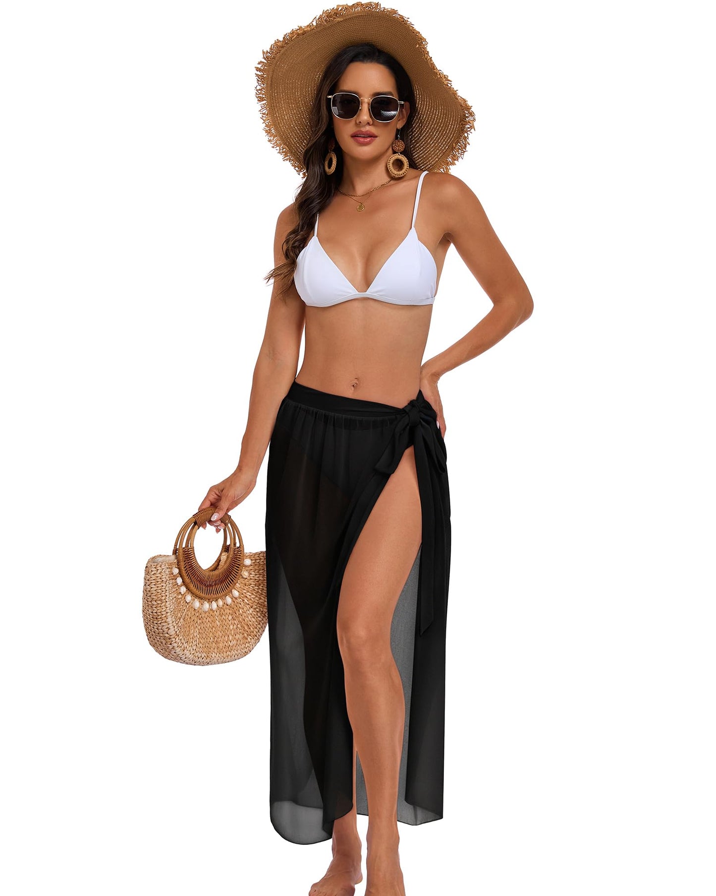 CHICGAL Sarong Wraps for Women Long Bathing Suit Cover Up Beach Tie Swimwear Summer Bikini Swimsuit Coverups (Black)