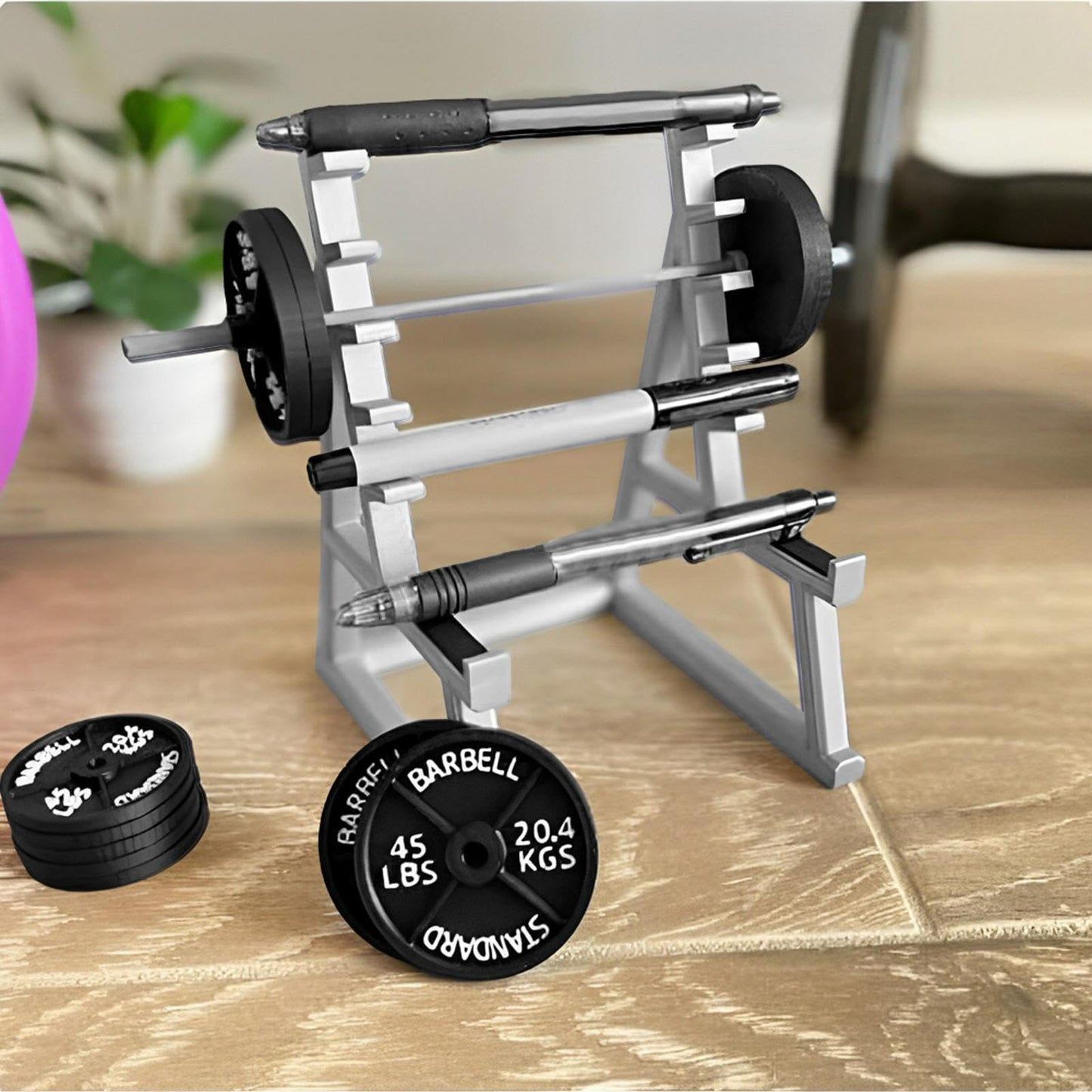 Squat Rack Pen Holder with Barbell & 4 Weight Plates, Miniature Dumbbell Desk Organizer for Pens and Pencils, Fitness-Themed Desktop Storage for Home Office