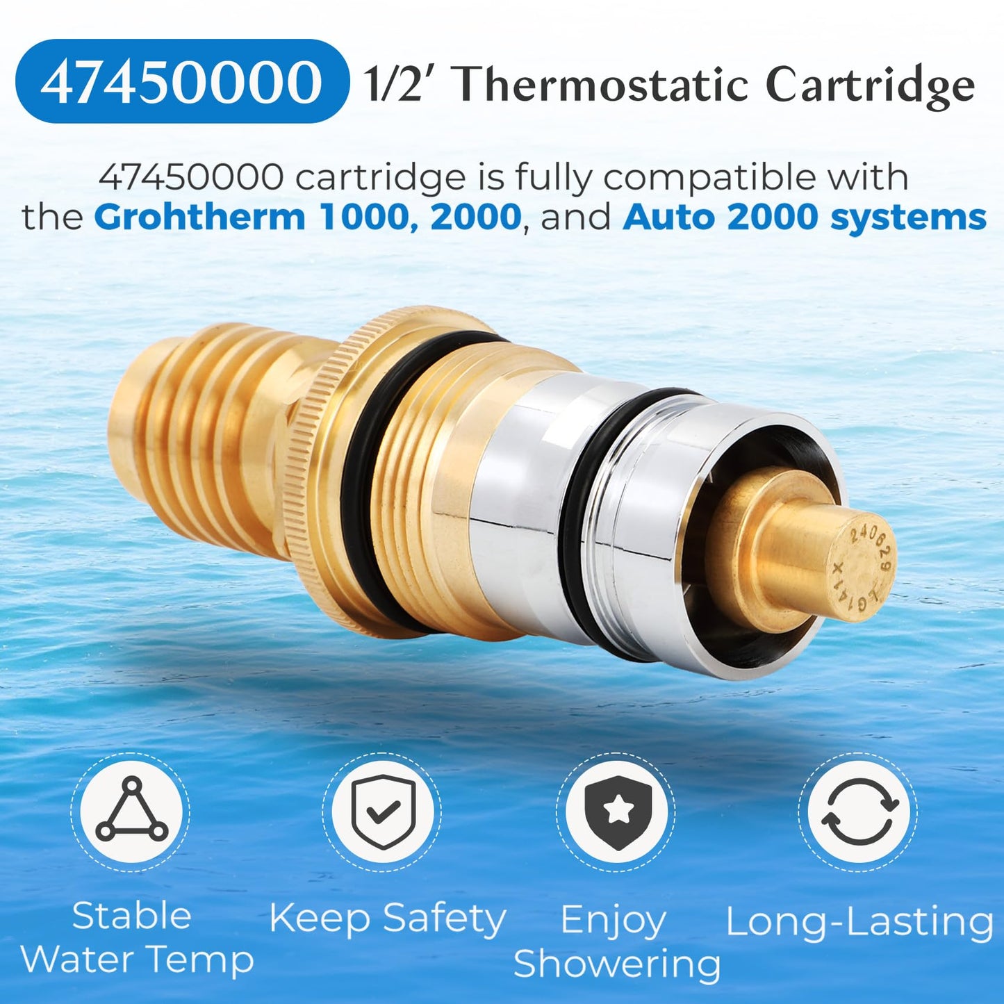 GR-47450000 for Grohe 1/2' Thermostatic Cartridge, for grohe 47450 cartridge, 47450 Compatible with Grohtherm 1000, 2000, Auto 2000 Systems, Precision Temperature Control, Brass