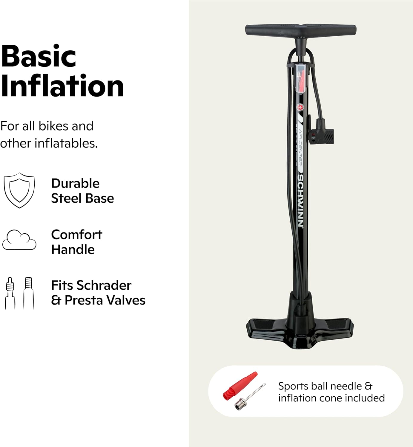 Schwinn Air Center Series Floor Pump - Dual Head for Schrader & Presta Valves | 100-160 PSI, Soft Grip Handle